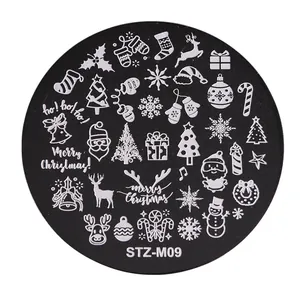 Plaque de stamping nail art Noël STZ-M09 avec motifs Père Noël et flocons de neige