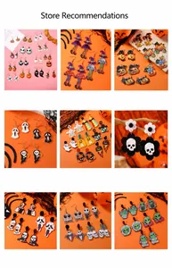 Detailliertes Raster von Halloween-Acrylohrringen mit Kürbis-, Geist- und Schädeldesigns