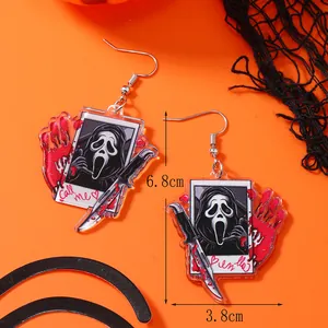 Detail view of Scream Ghostface acrylic earrings with dimensions 6.8cm by 3.8cm