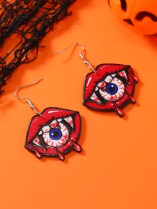 Detail of Halloween drop earrings featuring bloody lips and eyeballs on orange backdrop