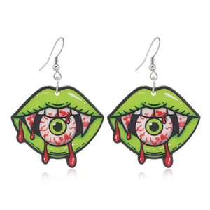 Detail of Halloween drop earrings featuring green lips biting a bloody eyeball