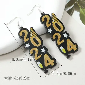 Detail showing 2024 graduation earrings dimensions 8.0cm length on white marble background