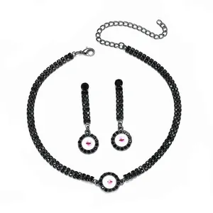 Gothic evil eye jewelry set with black rhinestones necklace and matching drop earrings