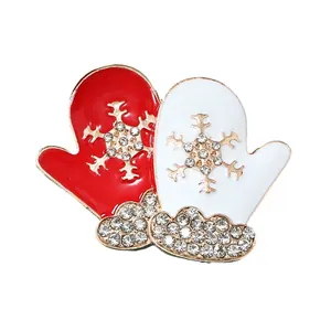 Christmas red and white glove brooch with gold snowflake and sparkling rhinestones