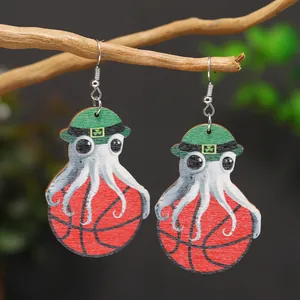 Saint Patrick's Day octopus basketball wooden earrings with textured wood grain finish