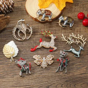 Vintage Animal Brooch Pin Alloy Rhinestone Enamel Deer Snake Elephant Bee Leaf Shape Elegant Accessory For Women