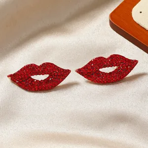 Retro glitzernde rote Lippen-Ohrhänger mit Goldbeschichtung und Strass für Damen
