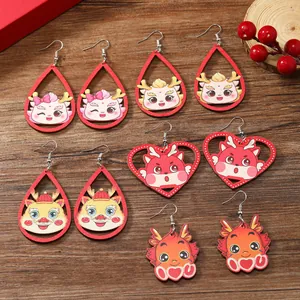 Chinese Style Wooden Zodiac Dragon Teardrop Earrings Cartoon Mascot Wood Dangle Earrings For Women New Year Jewelry Gift