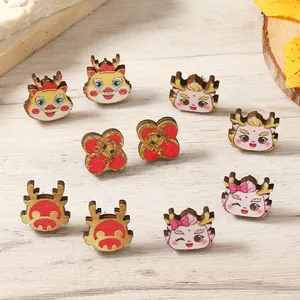 Chinese Style Wood Cartoon Dragon Deer Stud Earrings Traditional Festive Animal Pattern Wooden Ear Jewelry For Women Girls