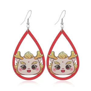 Teardrop wooden dragon earrings with red frame and cute zodiac charm for Chinese New Year