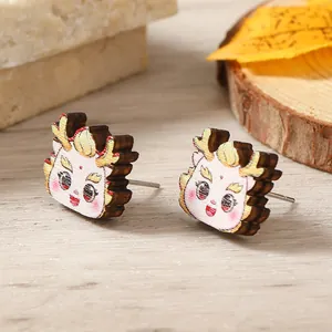 Detailed view of handmade wooden dragon earrings for 2024 Chinese New Year gift