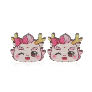 Cute pink 2024 Year of the Dragon embroidered fabric earrings with bow design