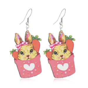 Cute Easter bunny earrings with yellow rabbit in pink cup and red strawberry design
