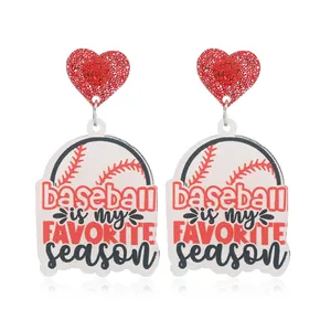 Baseball heart acrylic drop earrings with glitter studs and sports season lettering
