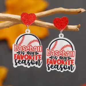 Acrylic baseball earrings featuring red glitter hearts and favorite season slogan