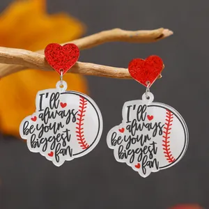 Baseball heart acrylic dangle earrings with red heart and 'Biggest Fan' quote