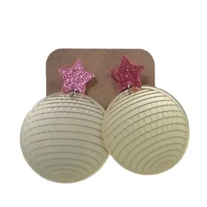 Vintage star and round acrylic drop earrings with pink sequins and textured cream disc