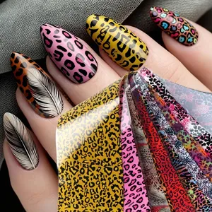 Leopard and feather pattern nail art transfer foil stickers set for DIY manicure decor