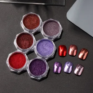Sechs-Farben-Spiegel-Nagelpulver-Set mit sechseckigen Flaschen und Metallic-Finish