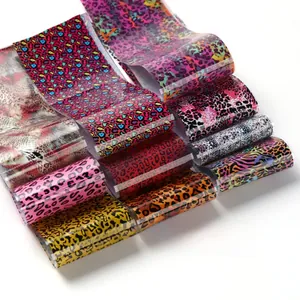 Macro view of leopard and animal print nail foil stickers in vibrant various colors