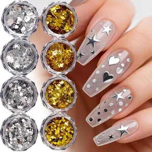 Gold and silver star and heart nail art sequins set in jars with manicure effect