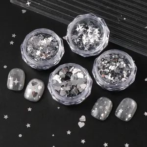 Silver star and heart nail sequins set with glitter moon and dot shapes for nail art deco