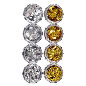 8-pot set of gold and silver nail sequins with stars, hearts and round dots for nail art