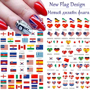 Détail d'autocollants 3D pour ongles avec drapeaux USA, UK et Canada sur manucure