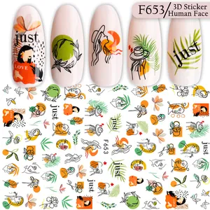Dettaglio dell'adesivo nail art 3D F653 con visi minimalisti e motivi di foglie tropicali
