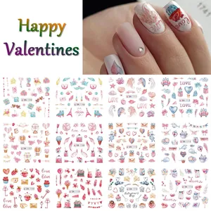 Valentine's Day nail art stickers featuring 12 sheets of heart, rose, and cupcake designs