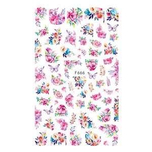 Autocollants 3D F666 pour ongles avec roses à l'aquarelle et motifs de papillons