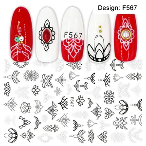 Dettagli degli adesivi per unghie F567 con motivi mandala in pizzo bianco e nero