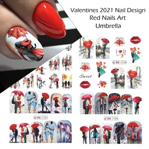 Detail of Valentine nail stickers featuring red hearts and romantic couple designs