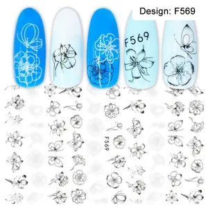Dettaglio degli adesivi per nail art F569 con motivi di fiori e farfalle neri per unghie
