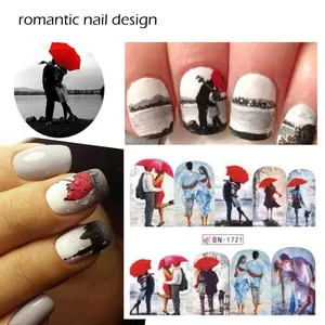 Detailed view of BN-1721 nail art stickers featuring romantic couple scenes and red umbrellas