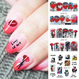 Romantic red heart and couple silhouette water transfer nail art stickers set