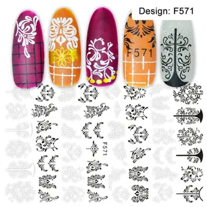 Vista dettagliata degli adesivi nail art F571 con motivi a vite vintage neri e bianchi