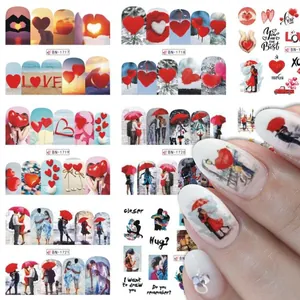 Romantic Valentine nail stickers with heart, lip print, and rose designs in multiple patterns