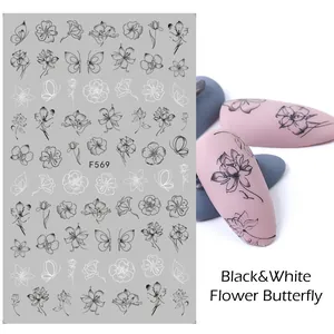 Adesivi per unghie stile francese con pizzi, fiori e farfalle in bianco e nero elegante