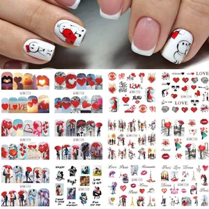 Valentine's Day Nail Art Stickers Water Decals Heart Rose Flower Romantic Couple Design For DIY Manicure Decoration Women