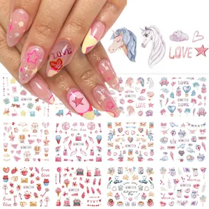 Water transfer nail stickers set with pink hearts stars and unicorns for DIY manicures