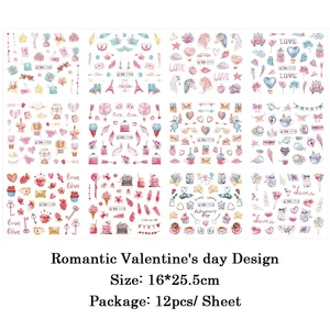 Valentine's Day nail stickers set with heart, balloon and rose patterns, 12 sheets kit