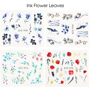 Viste dettagliate di adesivi per unghie ad acqua con fiori a inchiostro e motivi di foglie