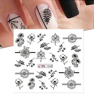 Detailed black floral nail water decals featuring sunflowers and ferns, style BN-1568