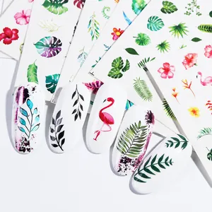 Tropical nail water decals set featuring flamingos, palm leaves, and vibrant flowers