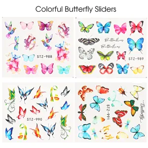 Vista dettagliata di decalcomanie per unghie con farfalle colorate in vari stili e numeri