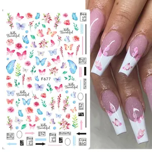 Dettagli di adesivi per unghie F677 con farfalle, rose e applicazione su unghie lunghe