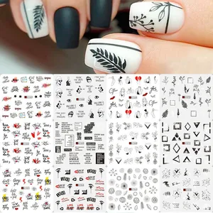 Detail of 12 nail art water stickers featuring floral and minimalist portrait designs