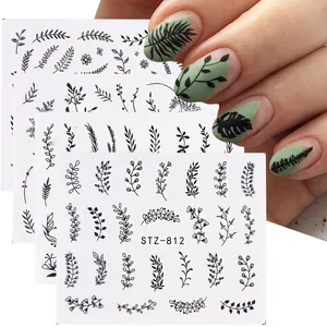 Minimalist Black Floral Evil Eye Nail Water Decals Star Geometric Line Nail Art Stickers For Women DIY Manicure Decoration