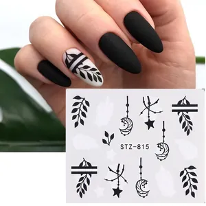Water transfer nail stickers with black floral, moon, and star patterns, model STZ-815